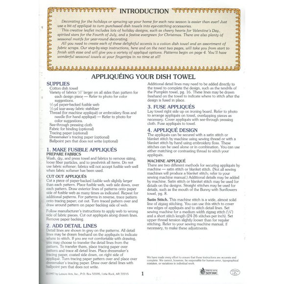 Sew Fun Holiday Towels 21 Applique Designs Leaflet 1712 Leisure Arts 1997 - Picture 3 of 6